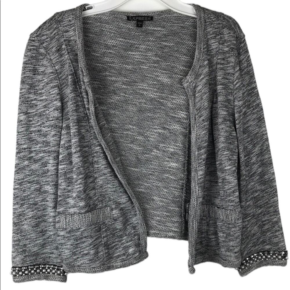 Express Open Front Knit Cardigan Sweater Jacket Beaded Cuffs Marled Gray Small